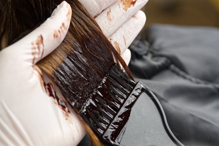The hairdresser paints the woman's hair in a dark color, applying hair dye with a brush