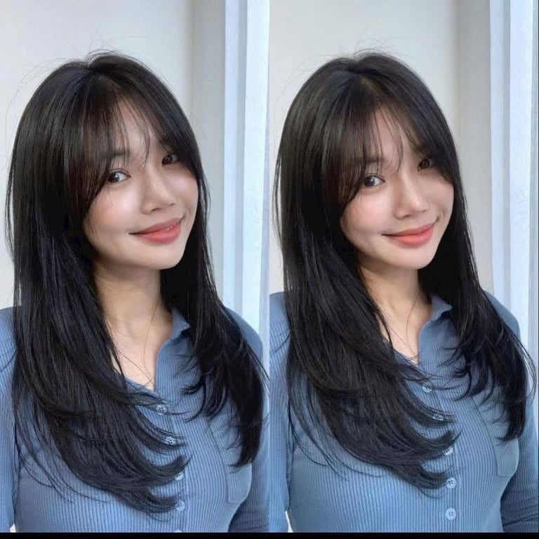 Before and after hair styling comparison showing a woman with long black hair and bangs wearing a blue ribbed shirt