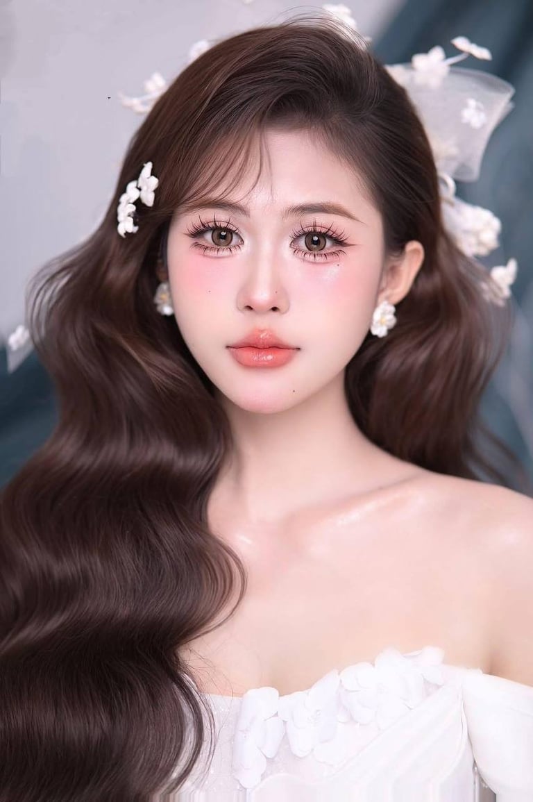 Portrait of a woman with long dark wavy hair, white flower hair clips, and delicate makeup wearing a white off-shoulder top against a cloudy background