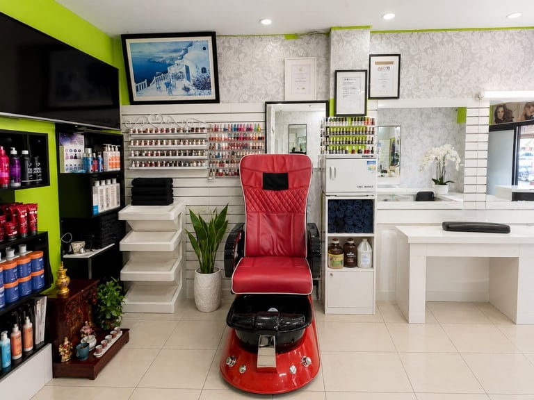 Modern beauty salon interior with red pedicure chair in center, lime green accent wall, product displays, and white service stations