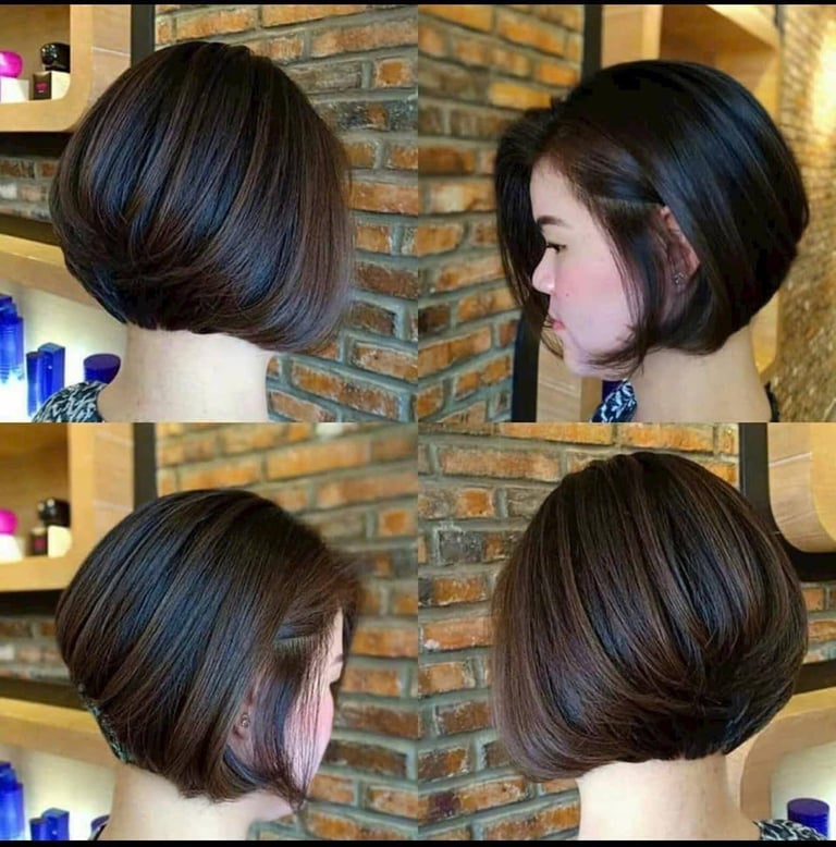 Four views of a short black bob hairstyle on a mannequin head, showing front and side angles against a brick wall background