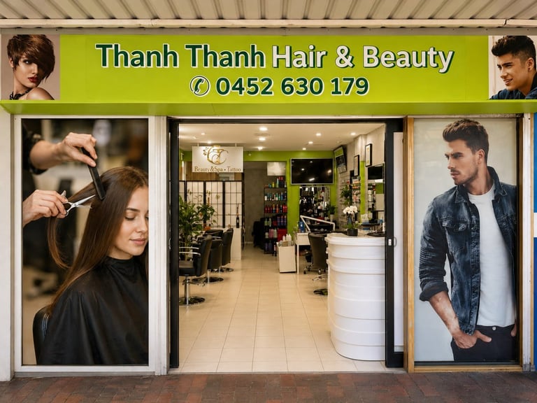 Storefront of Thanh Thanh Hair & Beauty salon with green signage, interior view, and photos of haircut services