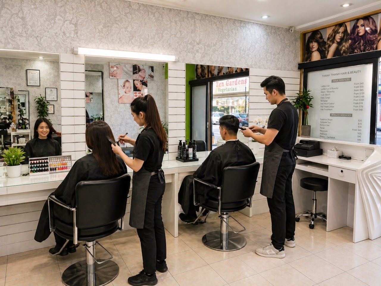 Hair salon interior with stylists in black uniforms working on clients in chairs, featuring white station mirrors and modern decor